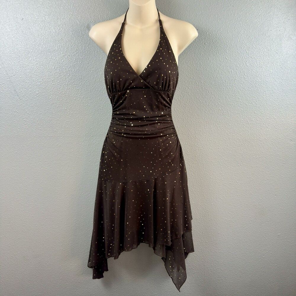 Y2K Forest Fairy Chocolate Brown Sparkle Halter Dress M Asymmetrical Ethereal